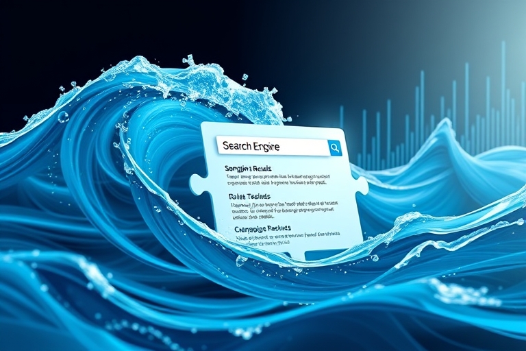 "Digital puzzle pieces forming a search engine result page, surrounded by swirling blue and teal waves, with rising data lines and abstract graphs in the background."