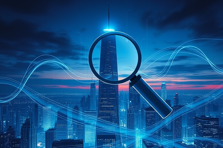 "An abstract cityscape at dusk with a soaring search engine magnifying glass as a skyscraper, surrounded by swirling data streams and blue and teal neon lights illuminating the darkening sky."