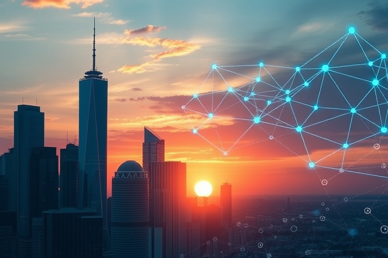"An abstract cityscape at sunset with skyscrapers and digital connections forming a web, represented by blue and teal lines, surrounded by a gradient of digital icons and subtle circuitry patterns."