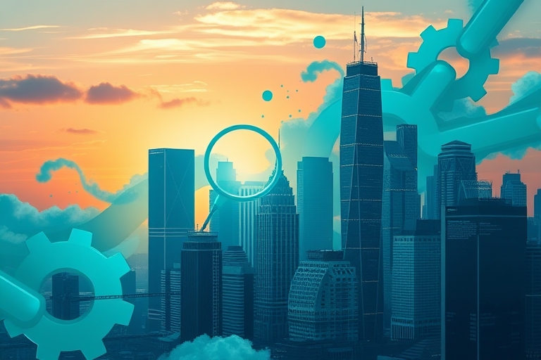 "An abstract, stylized cityscape at sunset, with skyscrapers made of interconnected gears and links, surrounded by swirling blue and teal data clouds, with a faint outline of a magnifying glass in the