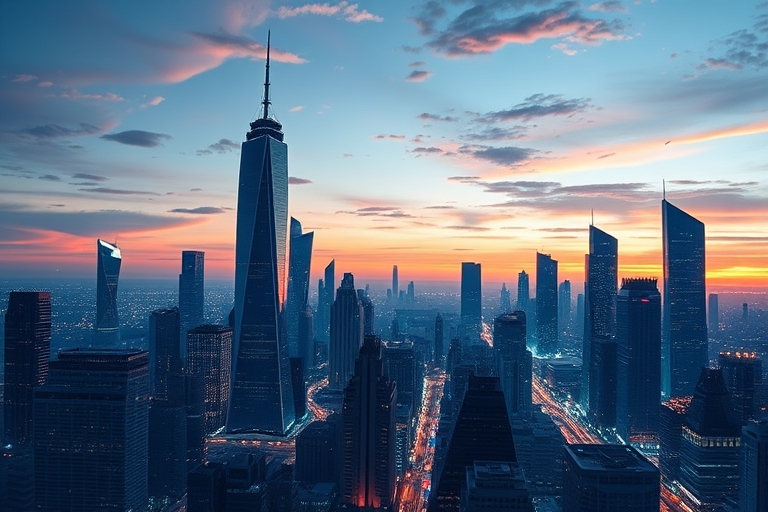 "A futuristic cityscape at sunset with skyscrapers and data streams flowing like neon lights, with blue and teal accents and abstract shapes representing schema markup and search engine results, set a