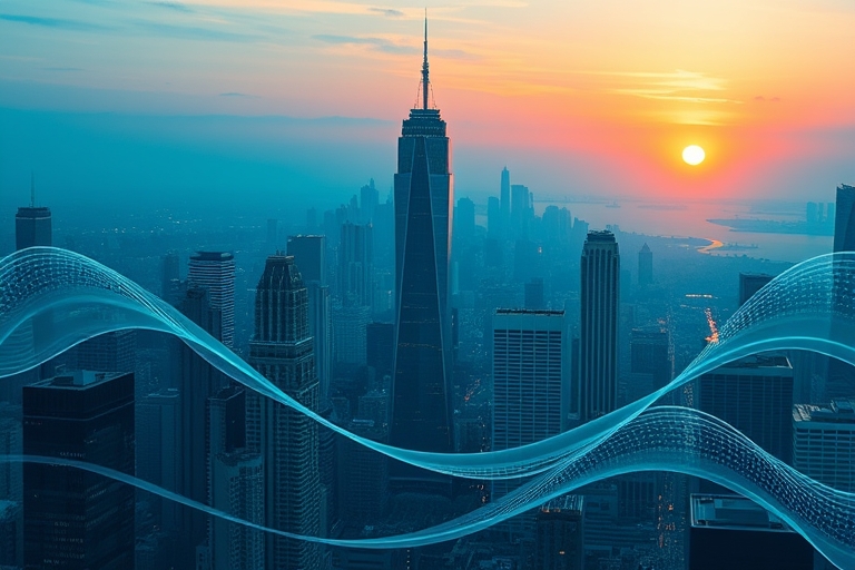 "An abstract cityscape at sunset with skyscrapers and digital waves, in a calming blue and teal color palette, with data-infused lines and shapes radiating from city centers to represent influencer co