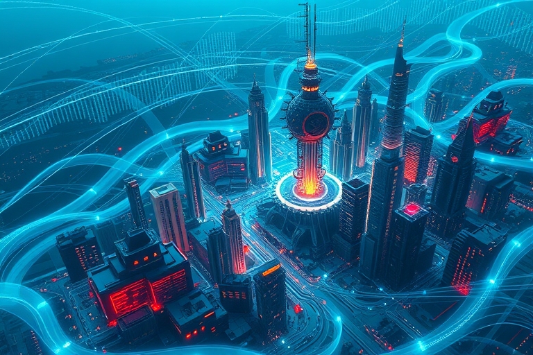 "A futuristic cityscape with interconnected gears and circuits forming a network, surrounded by swirling blue and teal energy waves, with abstract data visualizations emerging from the city's core."