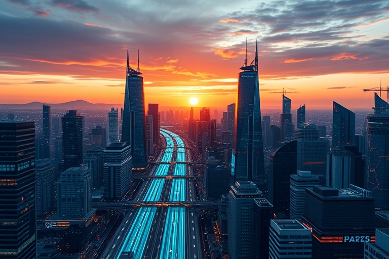 "A futuristic cityscape at sunset, with search engine optimization data visualizations as buildings, streams of blue and teal lines flowing through the city, highlighting growth and progress."