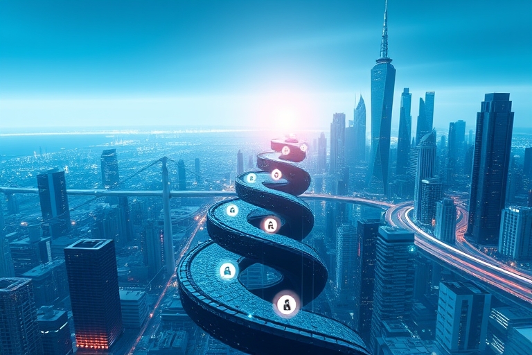 "A futuristic cityscape with a rising spiral path in the center, made up of interconnected gears and search engine icons, set against a gradient of blue and teal hues, with abstract data visualization