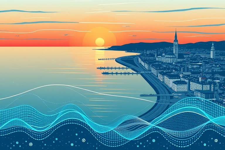 "A stylized illustration of a Danish coastline at sunset, with abstract data waves merging with Copenhagen's cityscape, incorporating blue and teal hues and minimalist icons representing language loca