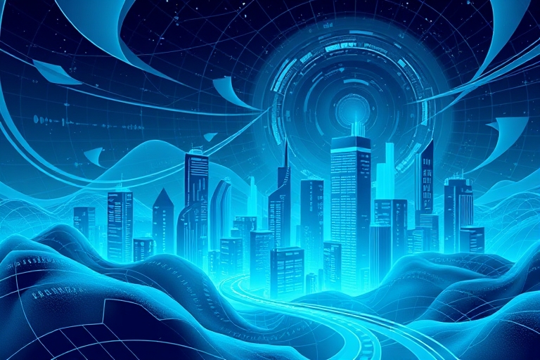 "A futuristic digital landscape with a cityscape of code and data blocks in shades of blue and teal, with abstract shapes and lines forming a cohesive SEO tool stack, amidst a swirling vortex of data 
