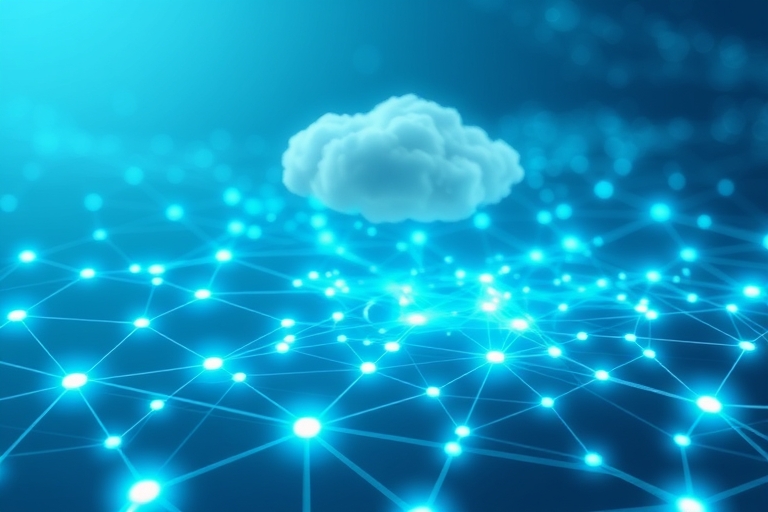 "A futuristic network of glowing blue and teal nodes and lines forms a 3D sitemap, with swirling clouds of data above, surrounded by subtle gradient ovals and geometric shapes in a calming digital env