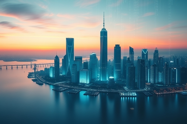 "A futuristic cityscape at dawn, with skyscrapers made of binary code and blue neon lights reflecting off a calm teal ocean, abstract data streams swirling in the atmosphere, with a subtle gradient of