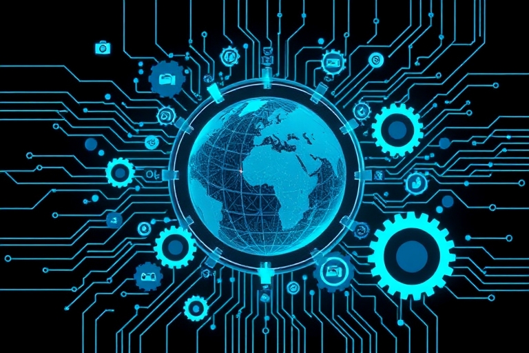 "A mix of blue and teal digital circuitry and gears surrounding a stylized globe, with a few scattered stock photography camera icons, set against a dark background, with abstract data streams and arr
