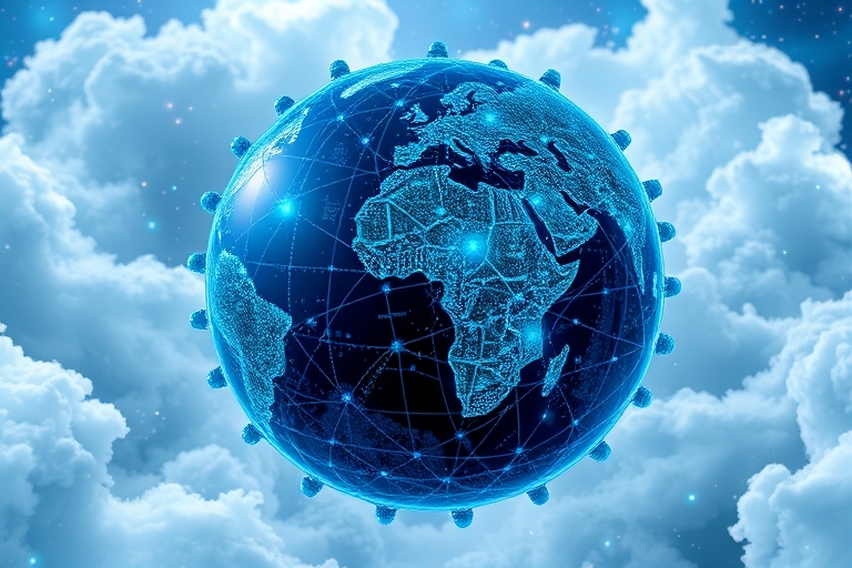 "A 3D globe with interconnected blue and teal circuits and wires, symbolizing subdomains and website structure, floating amidst swirling digital clouds and stars, conveying a sense of technological ad