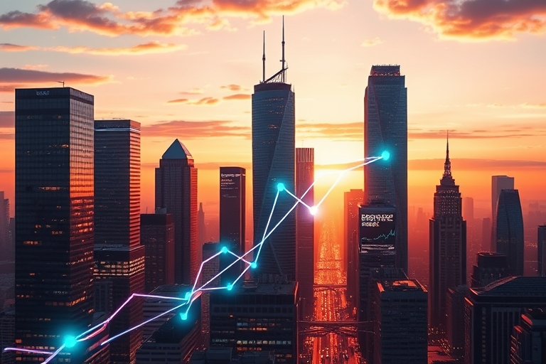 "A stylized, abstract digital cityscape at sunset, with product pages as skyscrapers, search engine rankings as rising graphs, and sale conversions as glowing blue and teal sparks flying through the a