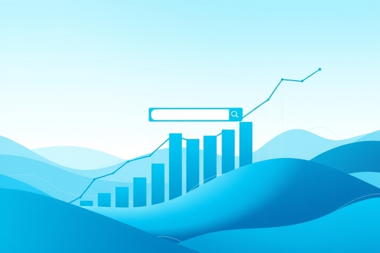 "A stylized, abstract illustration of a digital landscape with a rising search engine bar graph in the foreground, set against a gradient of calming blue and teal hues, with swirling data streams and 
