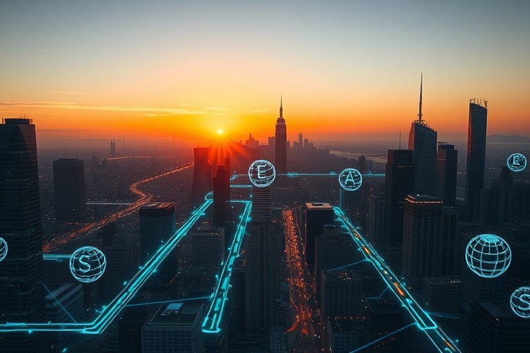 "An ethereal cityscape at sunset, with search engine crawlers as glowing blue and teal lines traversing a simplified city grid, highlighting optimized pathways and indexed buildings amidst a stylized,