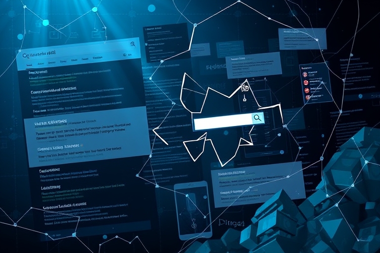 "A digital maze of distorted search results and broken links, with fractured light beams and tangled wires, submerged in a dark blue background with splashes of teal, hinting at the darkness of misinf