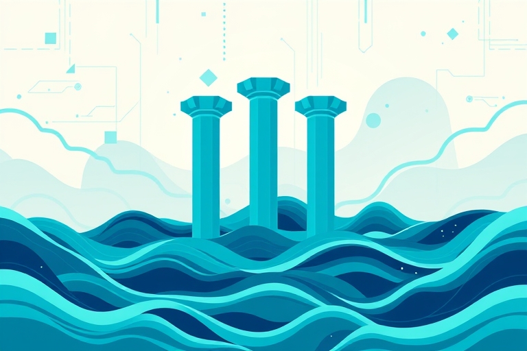 "An abstract, stylized illustration of three interconnected pillars rising from a digital landscape, surrounded by swirling blue and teal waves and data streams, with bold geometric shapes and lines c