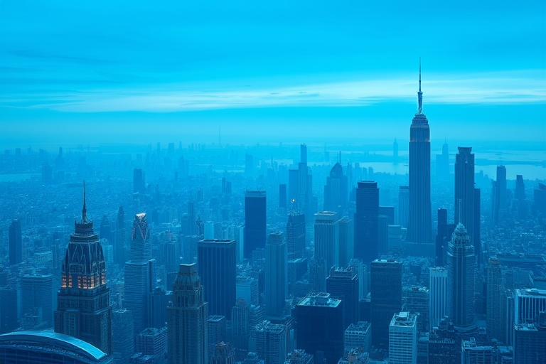 "A sprawling cityscape with interconnected skyscrapers, some rising from clusters of smaller buildings, others standing alone as pillars, set against a gradient sky with blue and teal hues, abstract d