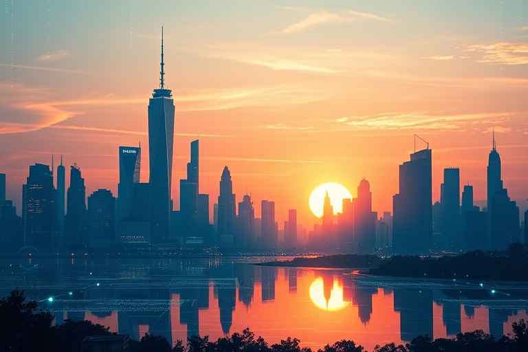 "A futuristic cityscape at sunset, with towering skyscrapers and neon lights reflecting off a serene lake, surrounded by subtle, glowing algorithmic patterns and abstract data streams in shades of blu