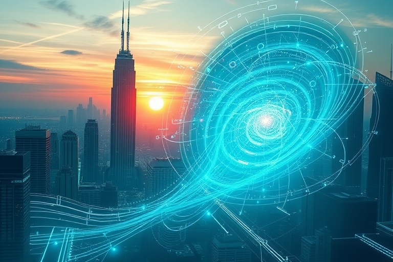 "A futuristic cityscape at sunset with skyscrapers and data streams emanating from them, swirling in a teal and blue vortex, abstract shapes and lines forming a maze-like path, with a subtle gradient 