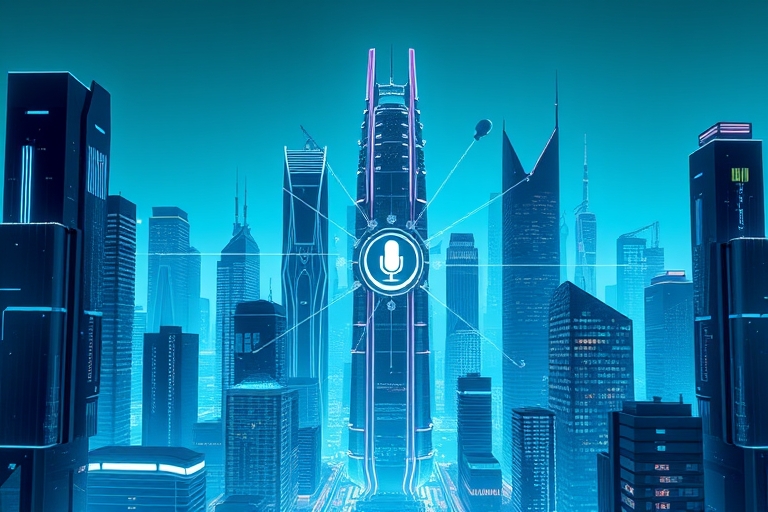 "A futuristic cityscape with sleek skyscrapers and glowing blue neon lights, with a subtle teal gradient background. Data streams and abstract shapes emanate from a central hub, representing voice sea
