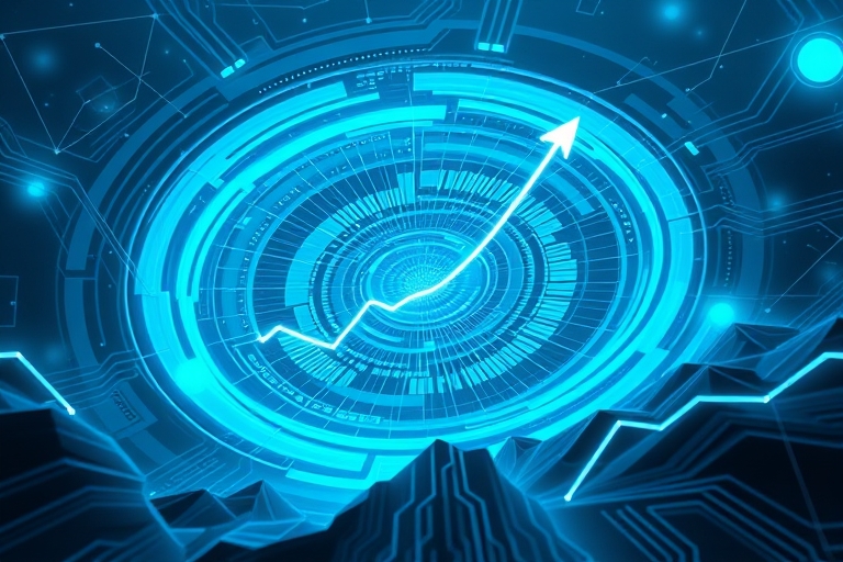 "An abstract data vortex surrounded by swirling blue and teal hues, with rising trend lines and arrows, amidst a stylized digital landscape with glowing circuit boards and subtle fiber optic strands."